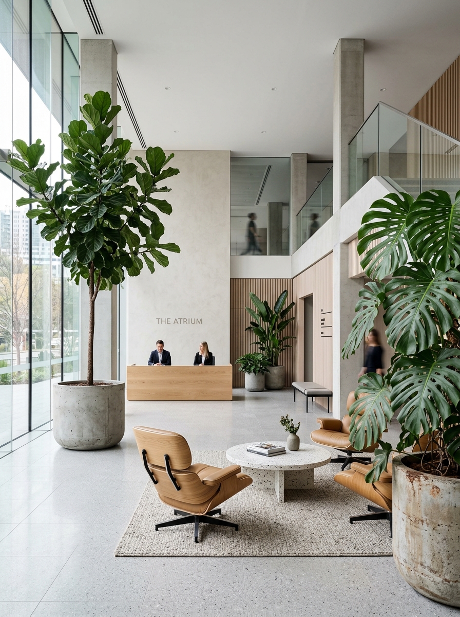Exquisite modern lobby decorated with exotic leafy potted plants