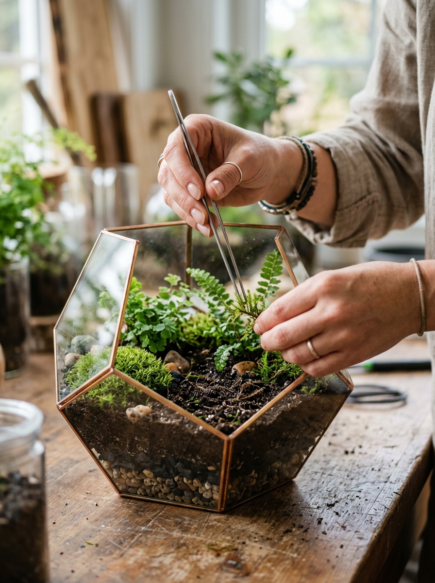 Artisan designer assembling moss inside a glass terrarium